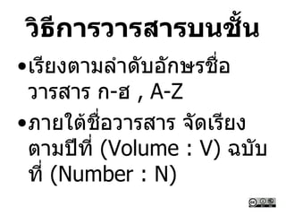 วิธีการวารสารบนชั้น
•เรียงตามลาดับอักษรชื่อ
วารสาร ก-ฮ , A-Z
•ภายใต้ชื่อวารสาร จัดเรียง
ตามปีที่ (Volume : V) ฉบับ
ที่ (Number : N)
 