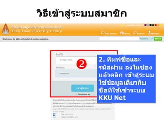 วิธีเข้าสู่ระบบสมาชิก

2. พิมพ์ชื่อและ
รหัสผ่าน ลงในช่อง
แล้วคลิก เข้าสู่ระบบ
ใช้ข้อมูลเดียวกับ
ชื่อที่ใช้เข้าระบบ
KKU Net
 