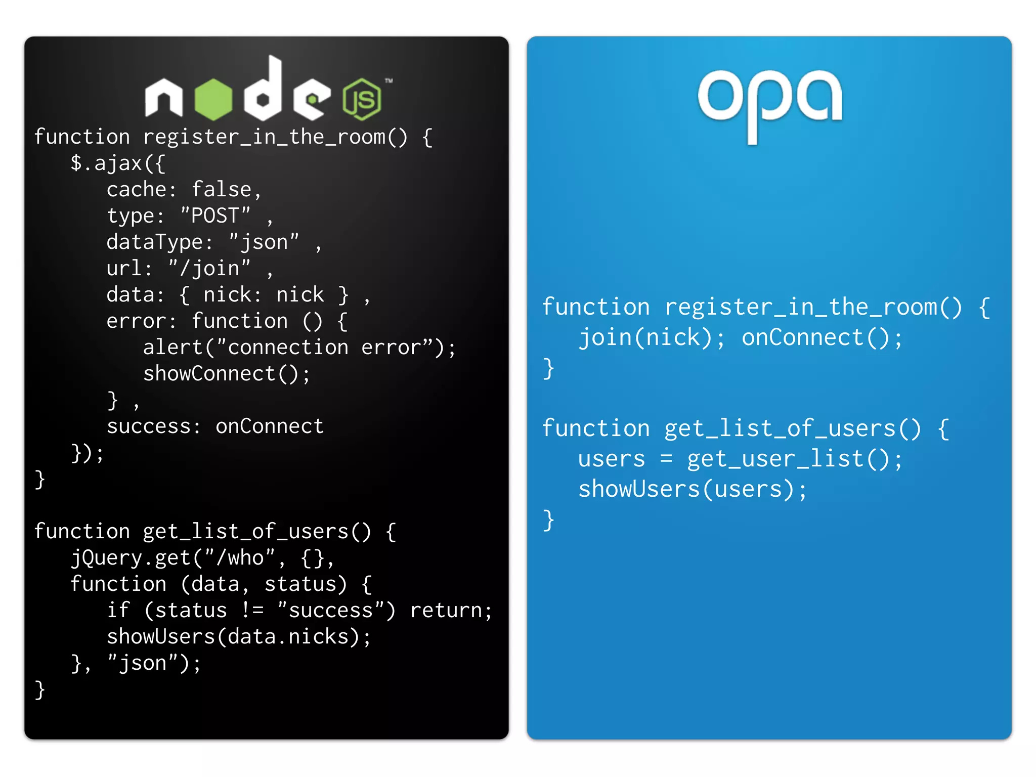 function register_in_the_room() {
   $.ajax({
       cache: false,
       type: "POST" ,
       dataType: "json" ,
       url: "/join" ,
       data: { nick: nick } ,
       error: function () {
                                         function register_in_the_room() {
           alert("connection error”);       join(nick); onConnect();
           showConnect();                }
       } ,
       success: onConnect                function get_list_of_users() {
   });                                      users = get_user_list();
}                                           showUsers(users);
function get_list_of_users() {           }
   jQuery.get("/who", {},
   function (data, status) {
      if (status != "success") return;
      showUsers(data.nicks);
   }, "json");
}
 