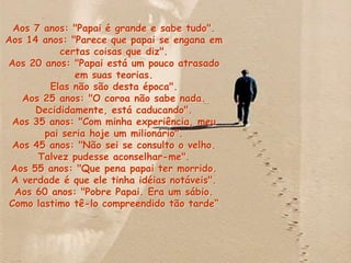 Aos 7 anos: "Papai é grande e sabe tudo".
Aos 14 anos: "Parece que papai se engana em
certas coisas que diz".
Aos 20 anos: "Papai está um pouco atrasado
em suas teorias.
Elas não são desta época".
Aos 25 anos: "O coroa não sabe nada.
Decididamente, está caducando".
Aos 35 anos: "Com minha experiência, meu
pai seria hoje um milionário".
Aos 45 anos: "Não sei se consulto o velho.
Talvez pudesse aconselhar-me".
Aos 55 anos: "Que pena papai ter morrido.
A verdade é que ele tinha idéias notáveis".
Aos 60 anos: "Pobre Papai. Era um sábio.
Como lastimo tê-lo compreendido tão tarde“
 