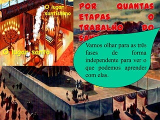 O pátio
O lugar santo
O lugar
santíssimo
Vamos olhar para as três
fases de forma
independente para ver o
que podemos aprender
com elas.
 
