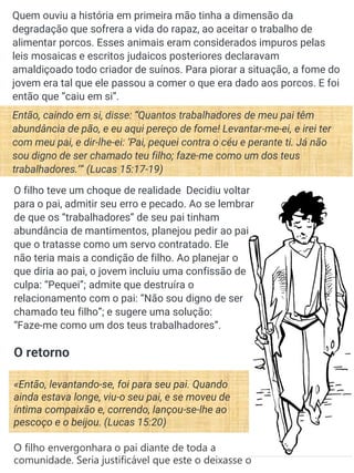 Quem ouviu a história em primeira mão tinha a dimensão da
degradação que sofrera a vida do rapaz, ao aceitar o trabalho de
alimentar porcos. Esses animais eram considerados impuros pelas
leis mosaicas e escritos judaicos posteriores declaravam
amaldiçoado todo criador de suínos. Para piorar a situação, a fome do
jovem era tal que ele passou a comer o que era dado aos porcos. E foi
então que “caiu em si”.
Então, caindo em si, disse: “Quantos trabalhadores de meu pai têm
abundância de pão, e eu aqui pereço de fome! Levantar-me-ei, e irei ter
com meu pai, e dir-lhe-ei: ‘Pai, pequei contra o céu e perante ti. Já não
sou digno de ser chamado teu filho; faze-me como um dos teus
trabalhadores.’” (Lucas 15:17-19)
O retorno
«Então, levantando-se, foi para seu pai. Quando
ainda estava longe, viu-o seu pai, e se moveu de
íntima compaixão e, correndo, lançou-se-lhe ao
pescoço e o beijou. (Lucas 15:20)
O filho envergonhara o pai diante de toda a
comunidade. Seria justificável que este o deixasse o
O filho teve um choque de realidade Decidiu voltar
para o pai, admitir seu erro e pecado. Ao se lembrar
de que os “trabalhadores” de seu pai tinham
abundância de mantimentos, planejou pedir ao pai
que o tratasse como um servo contratado. Ele
não teria mais a condição de filho. Ao planejar o
que diria ao pai, o jovem incluiu uma confissão de
culpa: “Pequei”; admite que destruíra o
relacionamento com o pai: “Não sou digno de ser
chamado teu filho”; e sugere uma solução:
“Faze-me como um dos teus trabalhadores”.
 