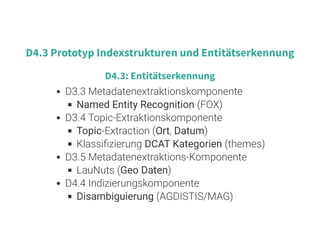 6 . 10
D4.3 Prototyp Indexstrukturen und Entitätserkennung
D4.3: Entitätserkennung
D3.3 Metadatenextraktionskomponente
Named Entity Recognition (FOX)
D3.4 Topic-Extraktionskomponente
Topic-Extraction (Ort, Datum)
Klassi zierung DCAT Kategorien (themes)
D3.5 Metadatenextraktions-Komponente
LauNuts (Geo Daten)
D4.4 Indizierungskomponente
Disambiguierung (AGDISTIS/MAG)
 