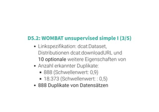 7 . 10
D5.2: WOMBAT unsupervised simple I (3/5)
Linkspezi kation: dcat:Dataset,
Distributionen dcat:downloadURL und
10 optionale weitere Eigenschaften von
Anzahl erkannter Duplikate:
888 (Schwellenwert: 0,9)
18.373 (Schwellenwert: : 0,5)
888 Duplikate von Datensätzen
 