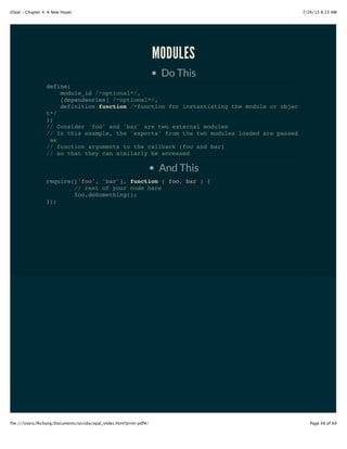 JAVASCRIPT MODULES
long article
AMD
CommonJS
Harmony
http://addyosmani.com/writing-modular-js/
 
