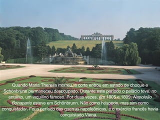 Quando Maria Theresa morreu, a corte entrou em estado de choque e Sch ö nbrunn permaneceu desocupado. Durante este per í odo o pal á cio teve, no entanto, um inquilino famoso. Por duas vezes, em 1805 e 1809,  Napoleão Bonaparte  esteve em Sch ö nbrunn. Não como h ó spede, mas sim como conquistador. Foi o per í odo das guerras napoleônicas, e o ex é rcito francês havia conquistado Viena.     