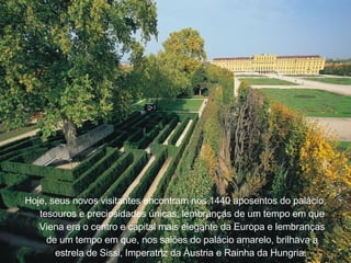 Hoje, seus novos visitantes encontram nos 1440 aposentos do pal á cio, tesouros e preciosidades  ú nicas, lembran ç as de um tempo em que Viena era o centro e capital mais elegante da Europa e lembran ç as de um tempo em que, nos salões do pal á cio amarelo, brilhava a estrela de Sissi, Imperatriz da  Á ustria e Rainha da Hungria.  