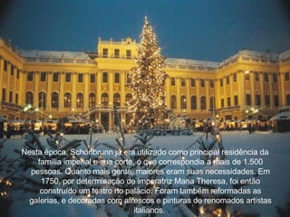 Nesta  é poca, Sch ö nbrunn j á  era utilizado como principal residência da fam í lia imperial e sua corte, o que correspondia a mais de 1.500 pessoas. Quanto mais gente, maiores eram suas necessidades. Em 1750, por determina ç ão de imperatriz Maria Theresa, foi então constru í do um teatro no pal á cio. Foram tamb é m reformadas as galerias, e decoradas com afrescos e pinturas de renomados artistas italianos.  