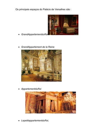 Os principais espaços do Palácio de Versalhes são :
GrandAppartementduRoi
GrandAppartement de la Reine
AppartementduRoi
LepetitappartementduRoi,
 