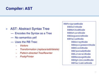 Compiler: AST


                                                 RBProgramNode
                                                 
 RBDoItNode
>   AST: Abstract Syntax Tree                    
 RBMethodNode
    — Encodes the Syntax as a Tree               
 RBReturnNode
                                                 
 RBSequenceNode
    — No semantics yet!                          
 RBValueNode
    — Uses the RB Tree:                          
 
 RBArrayNode
       –   Visitors                              
 
 RBAssignmentNode
                                                 
 
 RBBlockNode
       –   Transformation (replace/add/delete)
                                                 
 
 RBCascadeNode
       –   Pattern-directed TreeRewriter         
 
 RBLiteralNode
       –   PrettyPrinter                         
 
 RBMessageNode
                                                 
 
 RBOptimizedNode
                                                 
 
 RBVariableNode


                                                                    11
 