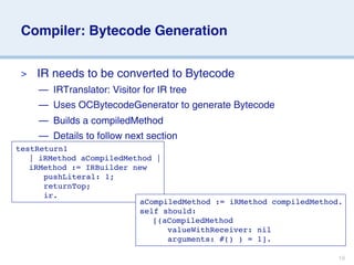 Compiler: Bytecode Generation


 >   IR needs to be converted to Bytecode
     — IRTranslator: Visitor for IR tree
     — Uses OCBytecodeGenerator to generate Bytecode
     — Builds a compiledMethod
     — Details to follow next section
testReturn1

 | iRMethod aCompiledMethod |

 iRMethod := IRBuilder new

 
 pushLiteral: 1;
 
 
 

 
 returnTop;

 
 ir.
                         aCompiledMethod := iRMethod compiledMethod.
                         self should:
                         
 [(aCompiledMethod
                         
 
 valueWithReceiver: nil
                         
 
 arguments: #() ) = 1].

                                                                   19
 