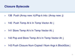Closure Bytecode


>   138  Push (Array new: k)/Pop k into: (Array new: j)

>   140  Push Temp At k In Temp Vector At: j

>   141 Store Temp At k In Temp Vector At: j

>   142 Pop and Store Temp At k In Temp Vector At: j

>   143 Push Closure Num Copied l Num Args k BlockSize j


                                                           36
 