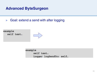 Advanced ByteSurgeon


>   Goal: extend a send with after logging




                                             56
 
