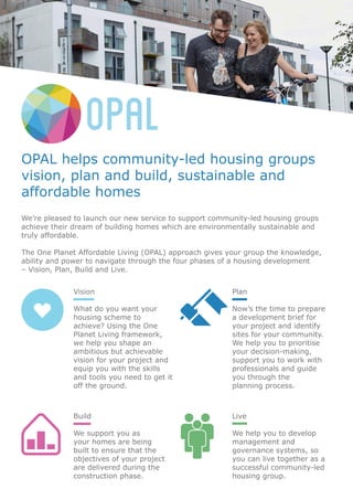 OPAL helps community-led housing groups
vision, plan and build, sustainable and
affordable homes
We’re pleased to launch our new service to support community-led housing groups
achieve their dream of building homes which are environmentally sustainable and
truly affordable.
The One Planet Affordable Living (OPAL) approach gives your group the knowledge,
ability and power to navigate through the four phases of a housing development
– Vision, Plan, Build and Live.
Vision
What do you want your
housing scheme to
achieve? Using the One
Planet Living framework,
we help you shape an
ambitious but achievable
vision for your project and
equip you with the skills
and tools you need to get it
off the ground.
Plan
Now’s the time to prepare
a development brief for
your project and identify
sites for your community.
We help you to prioritise
your decision-making,
support you to work with
professionals and guide
you through the
planning process. 
Live
We help you to develop
management and
governance systems, so
you can live together as a
successful community-led
housing group.
Build
We support you as
your homes are being
built to ensure that the
objectives of your project
are delivered during the
construction phase.
LIVE
PLAN
BUILD
VISION I LIKE AS IS
 