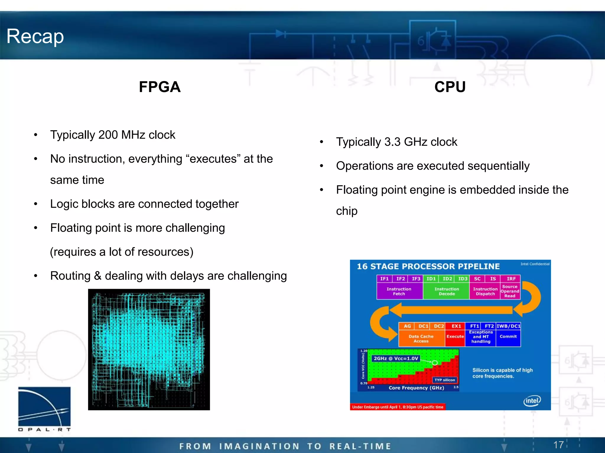 17
• Typically 3.3 GHz clock
• Operations are executed sequentially
• Floating point engine is embedded inside the
chip
• Typically 200 MHz clock
• No instruction, everything “executes” at the
same time
• Logic blocks are connected together
• Floating point is more challenging
(requires a lot of resources)
• Routing & dealing with delays are challenging
Recap
FPGA CPU
 