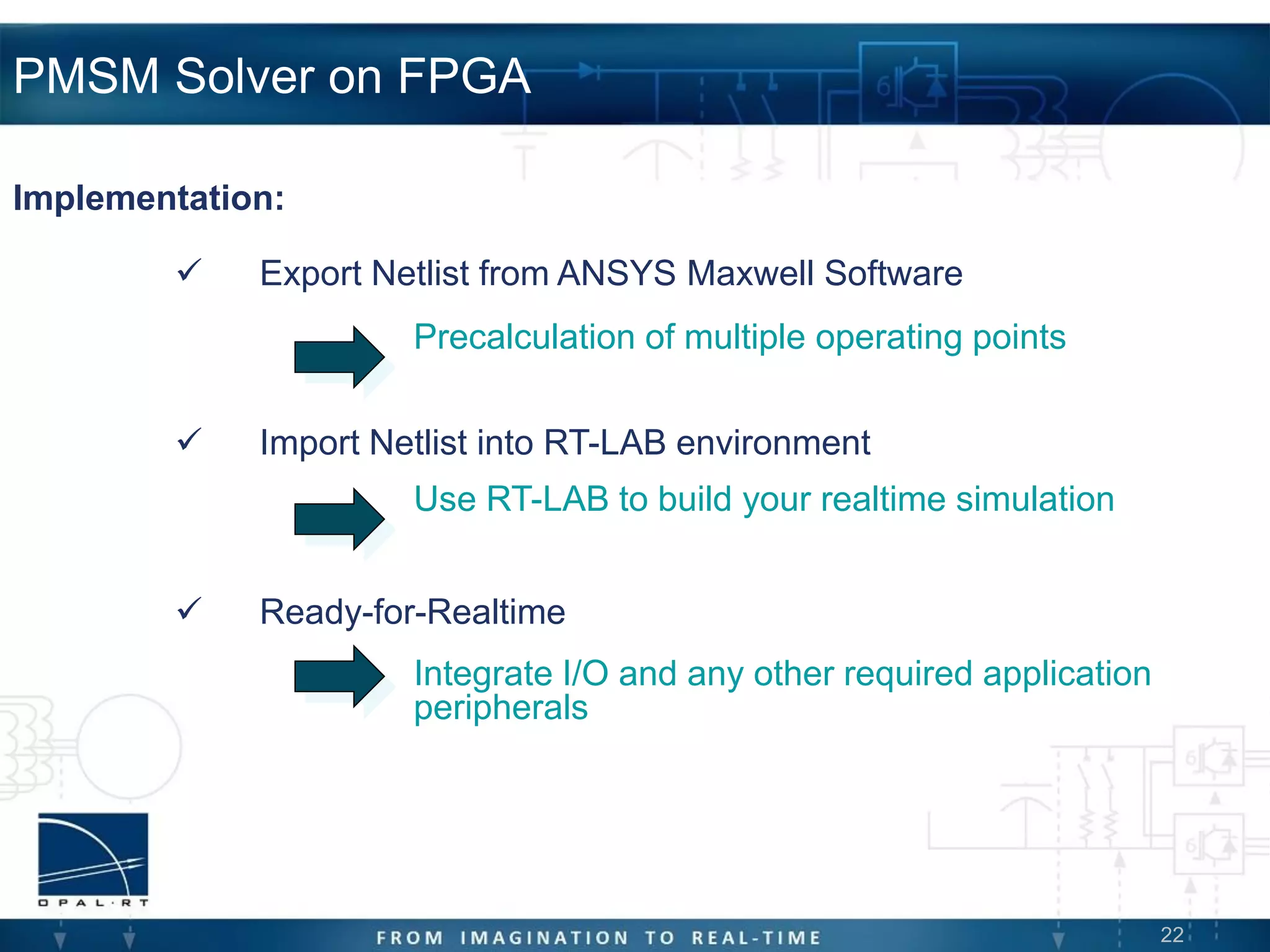 22
PMSM Solver on FPGA
 Export Netlist from ANSYS Maxwell Software
 Import Netlist into RT-LAB environment
 Ready-for-Realtime
Implementation:
Precalculation of multiple operating points
Use RT-LAB to build your realtime simulation
Integrate I/O and any other required application
peripherals
 