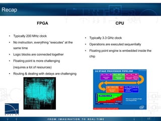 17
• Typically 3.3 GHz clock
• Operations are executed sequentially
• Floating point engine is embedded inside the
chip
• Typically 200 MHz clock
• No instruction, everything “executes” at the
same time
• Logic blocks are connected together
• Floating point is more challenging
(requires a lot of resources)
• Routing & dealing with delays are challenging
Recap
FPGA CPU
 