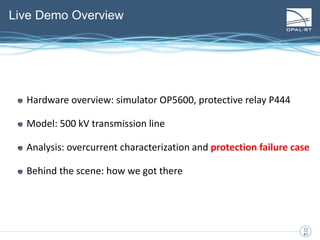 11
11
41
Hardware overview: simulator OP5600, protective relay P444
Model: 500 kV transmission line
Analysis: overcurrent characterization and protection failure case
Behind the scene: how we got there
Live Demo Overview
 