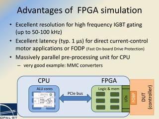 Advantages of FPGA simulation
• Excellent resolution for high frequency IGBT gating
(up to 50-100 kHz)
• Excellent latency (typ. 1 µs) for direct current-control
motor applications or FODP (Fast On-board Drive Protection)
• Massively parallel pre-processing unit for CPU
– very good example: MMC converters
ALU cores
I/Os
DUT
(controller)
Logic & mem
CPU FPGA
PCIe bus
FOBP
 