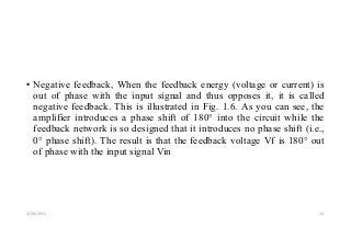 • Negative feedback, When the feedback energy (voltage or current) is
out of phase with the input signal and thus opposes it, it is called
negative feedback. This is illustrated in Fig. 1.6. As you can see, the
amplifier introduces a phase shift of 180° into the circuit while the
feedback network is so designed that it introduces no phase shift (i.e.,
0° phase shift). The result is that the feedback voltage Vf is 180° out
of phase with the input signal Vin
2/20/2021 15
 