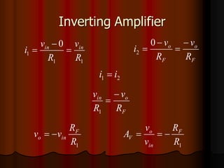 Inverting Amplifier
1
1
1
0
R
v
R
v
i in
in
=
−
=
F
o
F
o
R
v
R
v
i
−
=
−
=
0
2
2
1 i
i =
F
o
in
R
v
R
v −
=
1
1
R
R
v
v F
in
o −
=
1
R
R
v
v
A F
in
o
V −
=
=
 