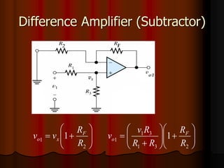 Difference Amplifier (Subtractor)
vx








+
=
2
1
1
R
R
v
v F
x
o 







+








+
=
2
3
1
3
1
1
1
R
R
R
R
R
v
v F
o
 