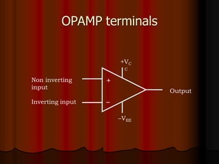 OPAMP terminals
+VC
C
+
–
Non inverting
input
Inverting input
Output
–VEE
 