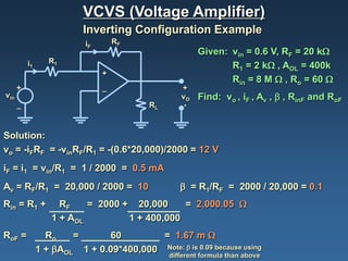 VCVS (Voltage Amplifier)
                          Inverting Configuration Example
                           iF       RF
                                                       Given: vin = 0.6 V, RF = 20 kΩ
          i1      R1
                                                              R1 = 2 kΩ , AOL = 400k
                                +
                                                              Rin = 8 M Ω , Ro = 60 Ω
      +                         _                 +
vin                                               vO   Find: vo , iF , Av , β , RinF and RoF
      _                                   RL       -



Solution:
vo = -iFRF = -vinRF/R1 = -(0.6*20,000)/2000 = 12 V
iF = i1 = vin/R1 = 1 / 2000 = 0.5 mA
Av = RF/R1 = 20,000 / 2000 = 10                   β = R1/RF = 2000 / 20,000 = 0.1
Rin = R1 +          RF    = 2000 + 20,000     = 2,000.05 Ω
                  1 + AOL         1 + 400,000
RoF =            Ro    =      60         = 1.67 m Ω
               1 + βAOL 1 + 0.09*400,000 Note: β is 0.09 because using
                                               different formula than above
 