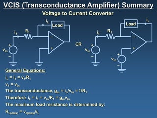 VCIS (Transconductance Amplifier) Summary
                        Voltage to Current Converter
                         iL                                                  iL
                              Load                                    Load
          i1   R1                                     i1   R1
                              _                                         _

      +                                OR         +
vin                           +             vin                         +
      _                                           _               +
                                                            vin
                                                                  _
 General Equations:
 iL = i1 = v1/R1
 v1 = vin
 The transconductance, gm = io/vin = 1/R1
 Therefore, iL = i1 = vin/R1 = gmvin
 The maximum load resistance is determined by:
 RL(max) = vo(max)/iL
 