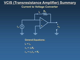 VCIS (Transresistance Amplifier) Summary
             Current to Voltage Converter
                              iF       RF


                                   _

                                            +
       iin                         +        vO
                                            -




               General Equations:
               iF = iin
               vo = -iFRF
               rm = vo/iin = RF
 