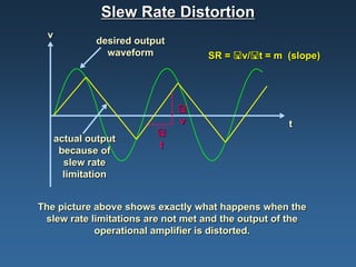Slew Rate Distortion
  v
              desired output
                waveform           SR = v/t = m (slope)




                               
                               v                    t
                          
      actual output
                          t
       because of
        slew rate
        limitation


The picture above shows exactly what happens when the
 slew rate limitations are not met and the output of the
            operational amplifier is distorted.
 