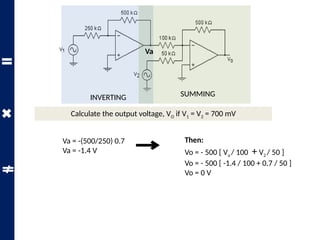 Calculate the output voltage, VO if V1 = V2 = 700 mV
INVERTING SUMMING
Va
Va = -(500/250) 0.7
Va = -1.4 V
Then:
Vo = - 500 [ Va / 100 + V2 / 50 ]
Vo = - 500 [ -1.4 / 100 + 0.7 / 50 ]
Vo = 0 V
 