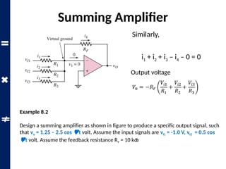 Summing Amplifier
Summing Amplifier
Output voltage
i1 + i2 + i3 – i4 – 0 = 0
Similarly,
Example 8.2
Design a summing amplifier as shown in figure to produce a specific output signal, such
that vo = 1.25 – 2.5 cos t volt. Assume the input signals are vI1 = -1.0 V, vI2 = 0.5 cos
t volt. Assume the feedback resistance RF = 10 k
 