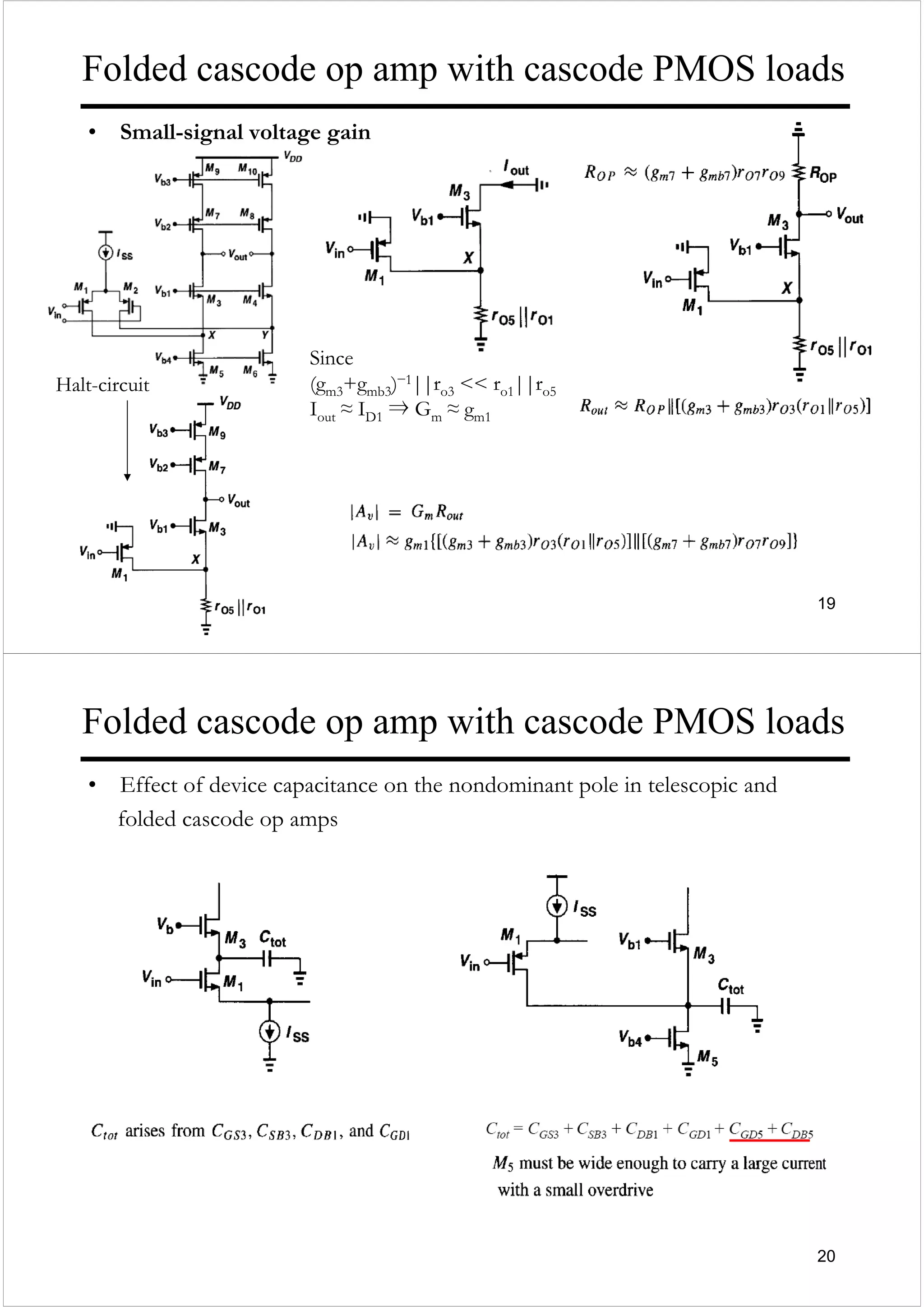 19
Folded cascode op amp with cascode PMOS loads
• Small-signal voltage gain
Halt-circuit
Since
(gm3+gmb3)−1||ro3 << ro1||ro5
Iout ≈ ID1 ⇒ Gm ≈ gm1
20
Folded cascode op amp with cascode PMOS loads
• Effect of device capacitance on the nondominant pole in telescopic and
folded cascode op amps
 
