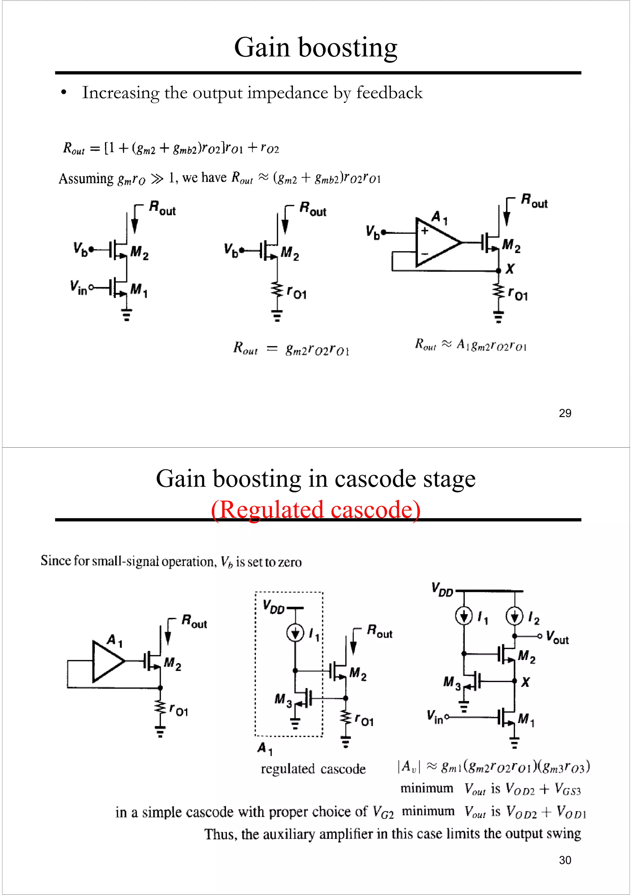 29
Gain boosting
• Increasing the output impedance by feedback
30
Gain boosting in cascode stage
(Regulated cascode)
 