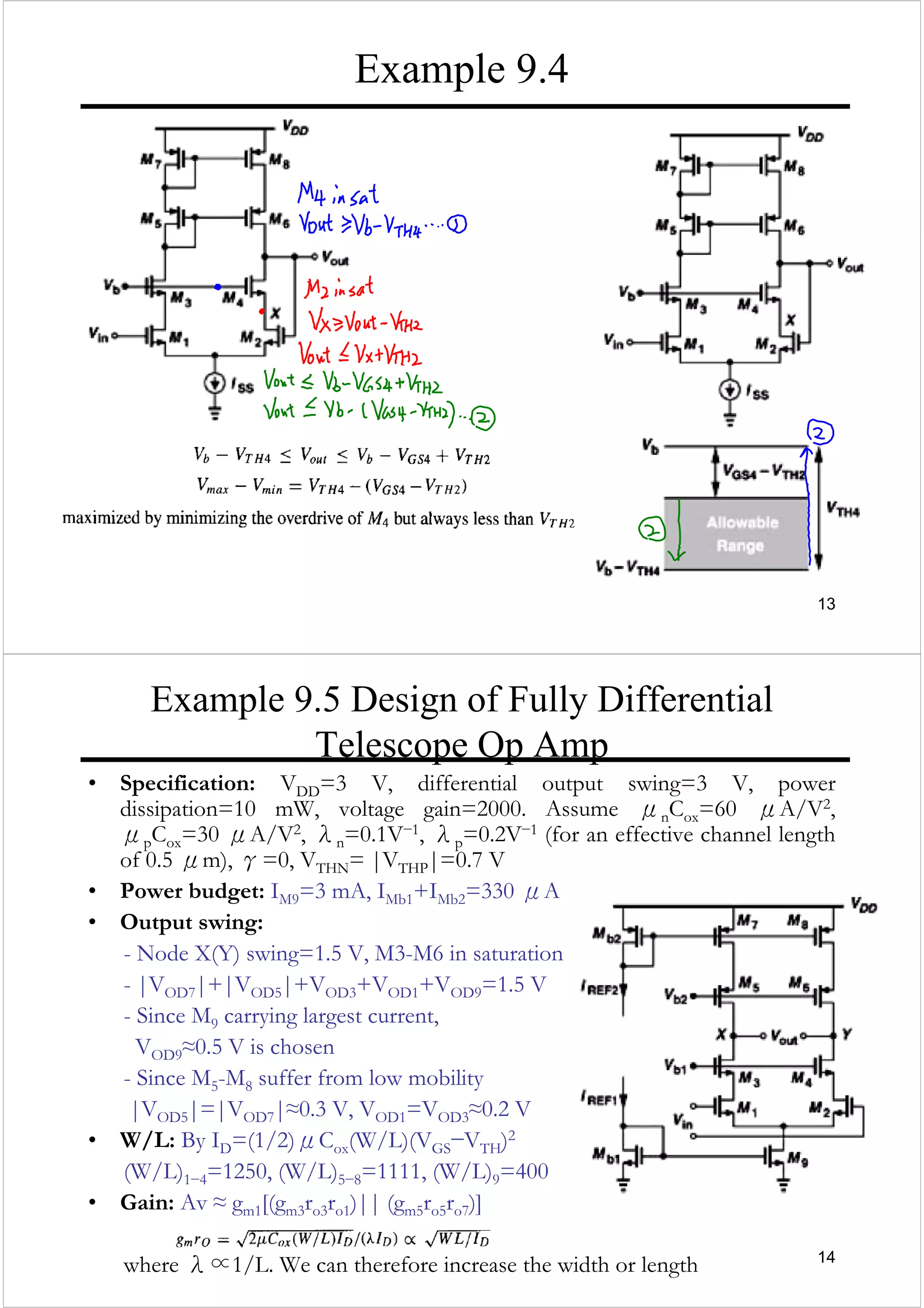 13
Example 9.4
14
Example 9.5 Design of Fully Differential
Telescope Op Amp
• Specification: VDD=3 V, differential output swing=3 V, power
dissipation=10 mW, voltage gain=2000. Assume μnCox=60 μA/V2,
μpCox=30 μA/V2, λn=0.1V−1, λp=0.2V−1 (for an effective channel length
of 0.5 μm), γ=0, VTHN= |VTHP|=0.7 V
• Power budget: IM9=3 mA, IMb1+IMb2=330 μA
• Output swing:
- Node X(Y) swing=1.5 V, M3-M6 in saturation
- |VOD7|+|VOD5|+VOD3+VOD1+VOD9=1.5 V
- Since M9 carrying largest current,
VOD9≈0.5 V is chosen
- Since M5-M8 suffer from low mobility
|VOD5|=|VOD7|≈0.3 V, VOD1=VOD3≈0.2 V
• W/L: By ID=(1/2)μCox(W/L)(VGS−VTH)2
(W/L)1−4=1250, (W/L)5−8=1111, (W/L)9=400
• Gain: Av ≈ gm1[(gm3ro3ro1)|| (gm5ro5ro7)]
where λ∝1/L. We can therefore increase the width or length
 