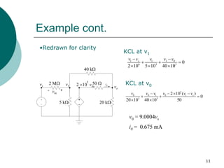 11
Example cont.
io
+
-
+
-
vs
2 MΩ
vin
5 kΩ
v1
40 kΩ
2 ×10
5
vin
50 Ω
vo
20 kΩ
1 1 0
1
6 3 3
0
2 10 5 10 40 10
s
v v v v
v
− −
+ + =
× × ×
•Redrawn for clarity
KCL at v1
KCL at v0
5
0 0 1 0 1
3 3
2 10 ( )
0
20 10 40 10 50
s
v v v v v v
− − × −
+ + =
× ×
v0 = 9.0004vs
i0 = 0.675 mA
 