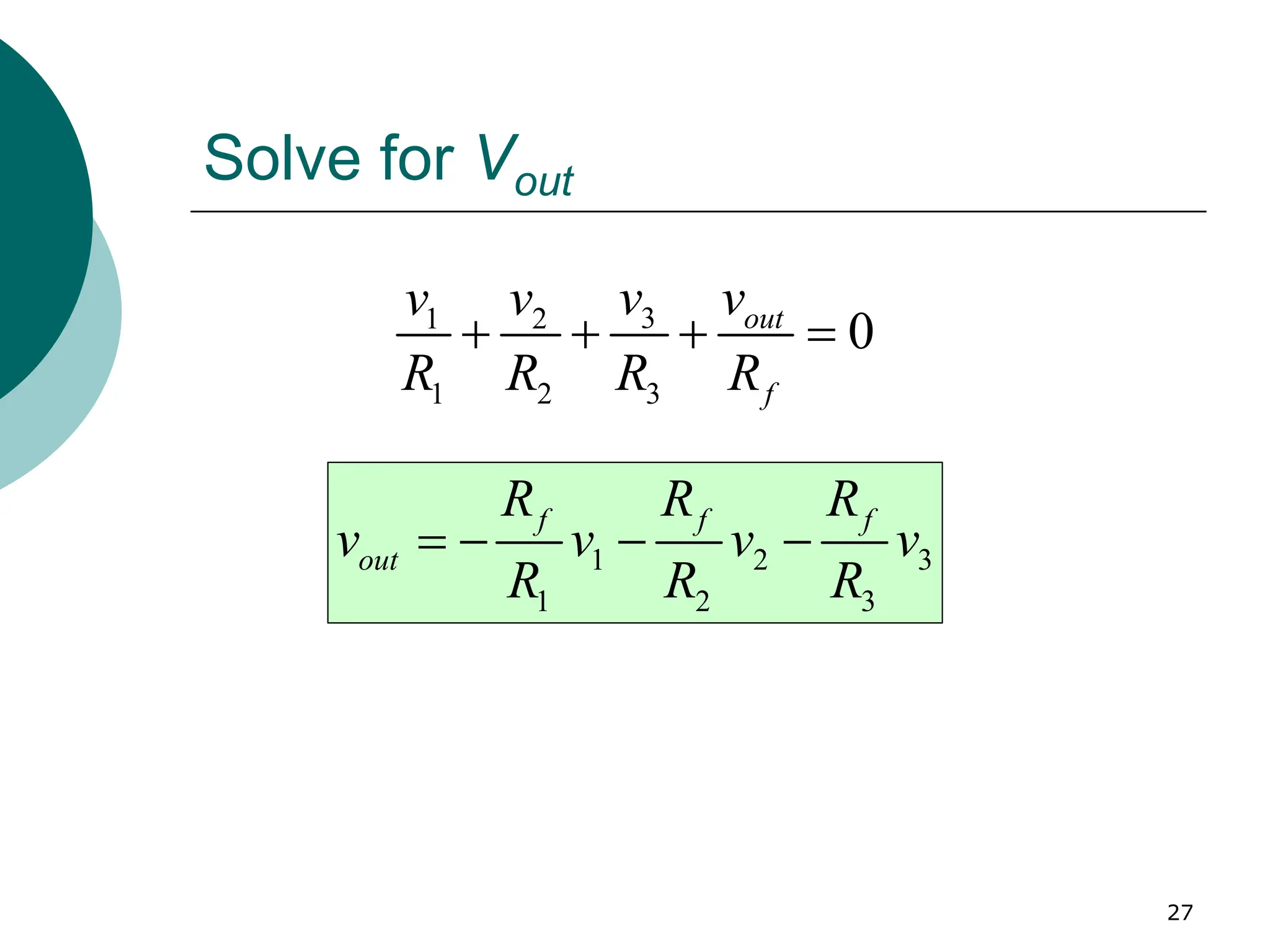 27
Solve for Vout
3
1 2
1 2 3
0
out
f
v v
v v
R R R R
+ + + =
1 2 3
1 2 3
f f f
out
R R R
v v v v
R R R
= − − −
 