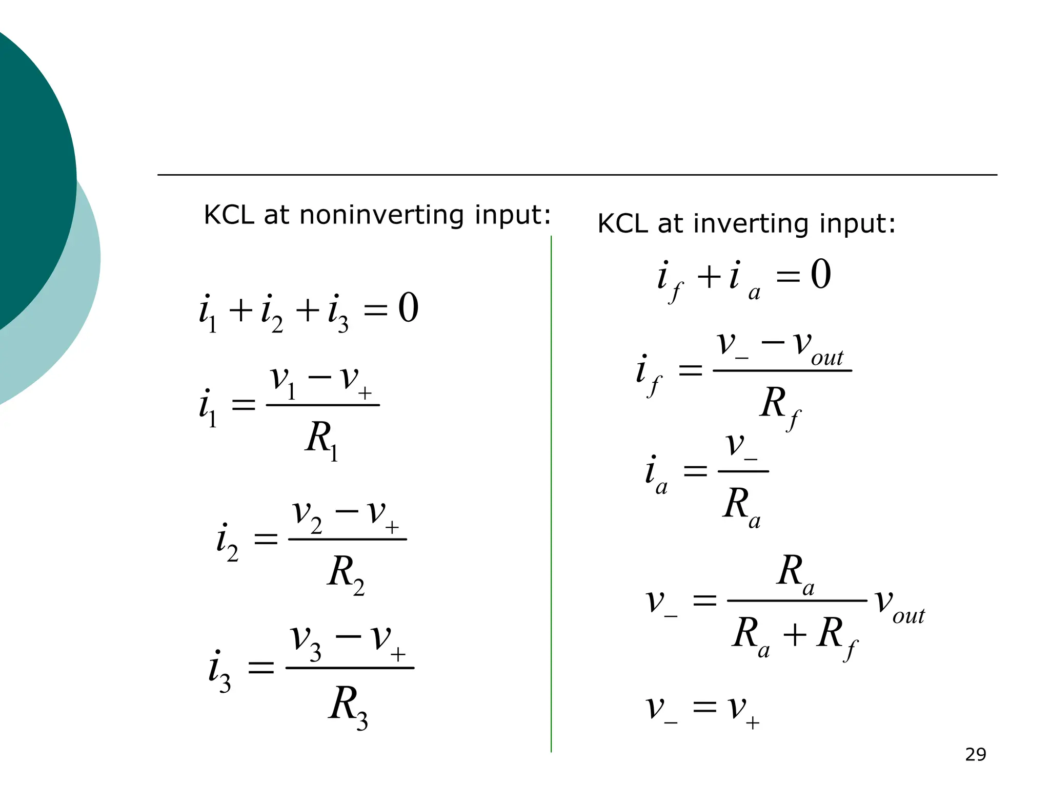 29
1 2 3
1
1
1
0
i i i
v v
i
R
+
+ + =
−
=
2
2
2
v v
i
R
+
−
=
3
3
3
v v
i
R
+
−
=
KCL at noninverting input: KCL at inverting input:
0
f a
out
f
f
i i
v v
i
R
−
+ =
−
=
a
a
a
out
a f
v
i
R
R
v v
R R
v v
−
−
− +
=
=
+
=
 