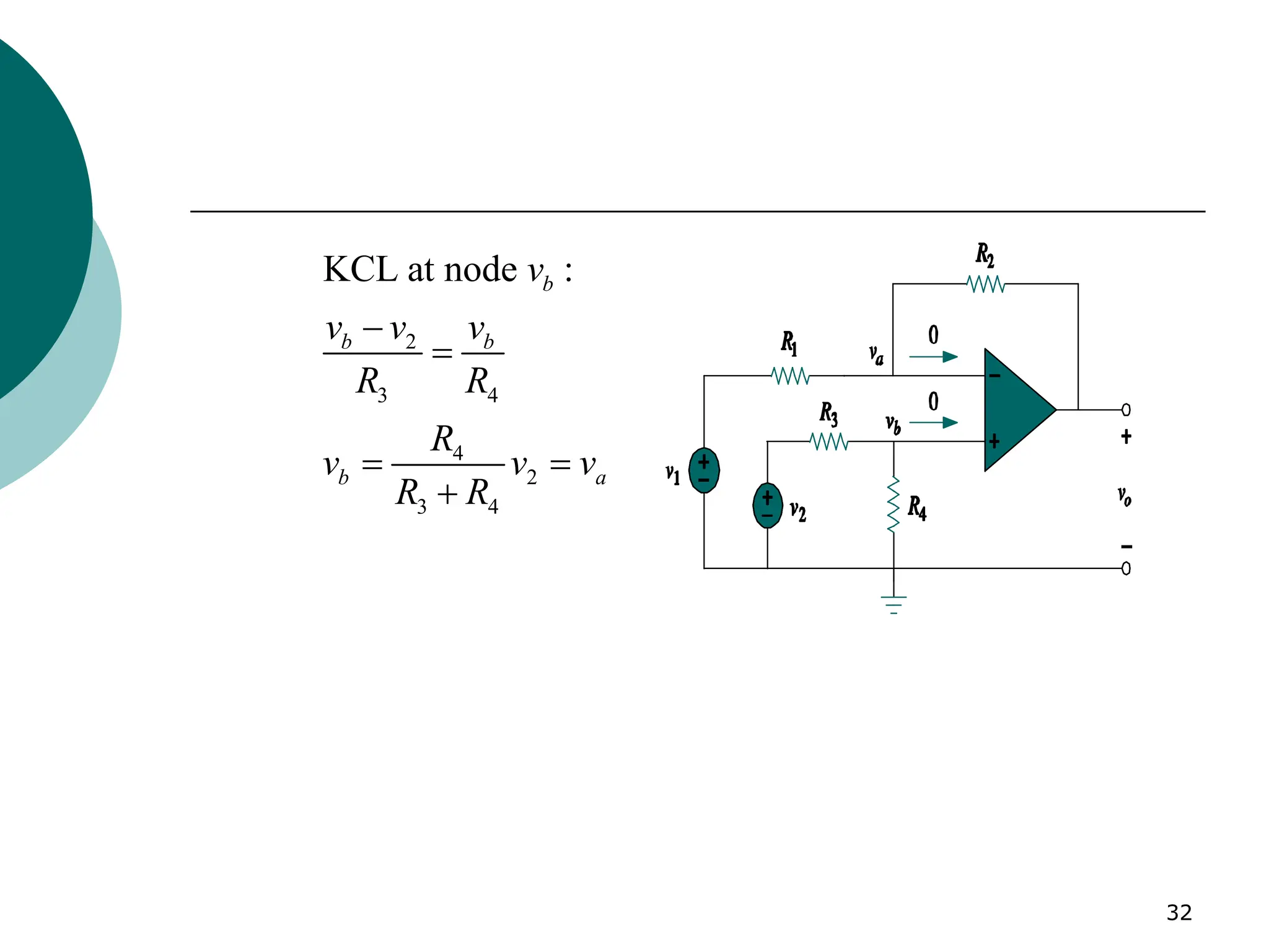 32
2
3 4
4
2
3 4
KCL at node :
b
b b
b a
v
v v v
R R
R
v v v
R R
−
=
= =
+
 