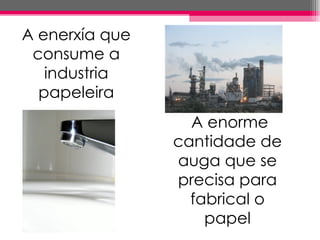 A enerxía que
 consume a
   industria
  papeleira
                  A enorme
                cantidade de
                auga que se
                precisa para
                  fabrical o
                    papel
 