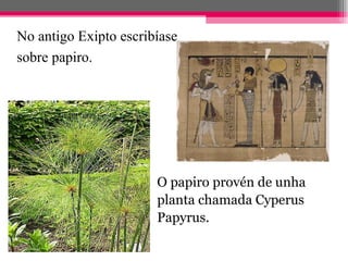 No antigo Exipto escribíase
sobre papiro.




                       O papiro provén de unha
                       planta chamada Cyperus
                       Papyrus.
 