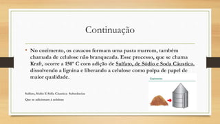 Continuação
• No cozimento, os cavacos formam uma pasta marrom, também
chamada de celulose não branqueada. Esse processo, que se chama
Kraft, ocorre a 150º C com adição de Sulfato, de Sódio e Soda Cáustica,
dissolvendo a lignina e liberando a celulose como polpa de papel de
maior qualidade.
Sulfato, Sódio E Sófia Cáustica- Substâncias
Que se adicionam á celulose
 