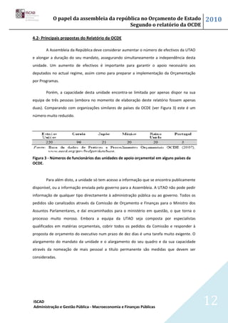 O papel da assembleia da república no Orçamento de Estado                        2010
                                         Segundo o relatório da OCDE

4.2- Principais propostas do Relatório da OCDE

       A Assembleia da República deve considerar aumentar o número de efectivos da UTAO
e alongar a duração do seu mandato, assegurando simultaneamente a independência desta
unidade. Um aumento de efectivos é importante para garantir o apoio necessário aos
deputados no actual regime, assim como para preparar a implementação da Orçamentação
por Programas.

       Porém, a capacidade desta unidade encontra-se limitada por apenas dispor na sua
equipa de três pessoas (embora no momento de elaboração deste relatório fossem apenas
duas). Comparando com organizações similares de países da OCDE (ver Figura 3) este é um
número muito reduzido.




Figura 3 - Números de funcionários das unidades de apoio orçamental em alguns países da
OCDE.


       Para além disto, a unidade só tem acesso a informação que se encontra publicamente
disponível, ou a informação enviada pelo governo para a Assembleia. A UTAO não pode pedir
informação de qualquer tipo directamente à administração pública ou ao governo. Todos os
pedidos são canalizados através da Comissão de Orçamento e Finanças para o Ministro dos
Assuntos Parlamentares, e daí encaminhados para o ministério em questão, o que torna o
processo muito moroso. Embora a equipa da UTAO seja composta por especialistas
qualificados em matérias orçamentais, cobrir todos os pedidos da Comissão e responder à
proposta de orçamento do executivo num prazo de dez dias é uma tarefa muito exigente. O
alargamento do mandato da unidade e o alargamento do seu quadro e da sua capacidade
através da nomeação de mais pessoal a título permanente são medidas que devem ser
consideradas.




ISCAD
Administração e Gestão Pública - Macroeconomia e Finanças Públicas
                                                                                            12
 