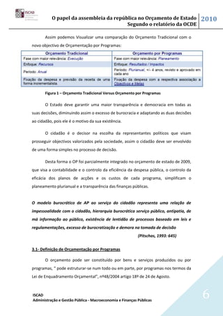 O papel da assembleia da república no Orçamento de Estado                    2010
                                         Segundo o relatório da OCDE

       Assim podemos Visualizar uma comparação do Orçamento Tradicional com o
novo objectivo de Orçamentação por Programas:




       Figura 1 – Orçamento Tradicional Versus Orçamento por Programas

       O Estado deve garantir uma maior transparência e democracia em todas as
suas decisões, diminuindo assim o excesso de burocracia e adaptando as duas decisões
ao cidadão, pois ele é o motivo da sua existência.

       O cidadão é o decisor na escolha da representantes políticos que visam
prosseguir objectivos valorizados pela sociedade, assim o cidadão deve ser envolvido
de uma forma simples no processo de decisão.

       Desta forma o OP foi parcialmente integrado no orçamento de estado de 2009,
que visa a contabilidade e o controlo da eficiência da despesa pública, o controlo da
eficácia dos planos de acções e os custos de cada programa, simplificam o
planeamento plurianual e a transparência das finanças públicas.


O modelo burocrático de AP ao serviço do cidadão representa uma relação de
impessoalidade com o cidadão, hierarquia burocrática serviço público, antipatia, de
má informação ao público, existência de lentidão de processos baseado em leis e
regulamentações, excesso de burocratização e demora na tomada de decisão
                                                          (Pitschas, 1993: 645)


3.1- Definição de Orçamentação por Programas

       O orçamento pode ser constituído por bens e serviços produzidos ou por
programas, “ pode estruturar-se num todo ou em parte, por programas nos termos da
Lei de Enquadramento Orçamental”, nº48/2004 artigo 18º de 24 de Agosto.



ISCAD
Administração e Gestão Pública - Macroeconomia e Finanças Públicas
                                                                                        6
 