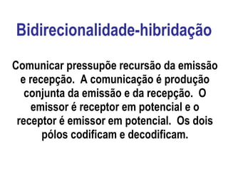 Bidirecionalidade-hibridação Comunicar pressupõe recursão da emissão e recepção.  A comunicação é produção conjunta da emissão e da recepção.  O emissor é receptor em potencial e o receptor é emissor em potencial.  Os dois pólos codificam e decodificam. 