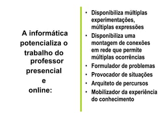 Disponibiliza múltiplas experimentações, múltiplas expressões Disponibiliza uma montagem de conexões em rede que permite múltiplas ocorrências Formulador de problemas Provocador de situações Arquiteto de percursos Mobilizador da experiência do conhecimento A informática potencializa o trabalho do professor presencial e online:   