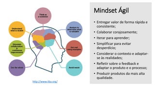 Mindset Ágil
• Entregar valor de forma rápida e
consistente;
• Colaborar corajosamente;
• Iterar para aprender;
• Simplificar para evitar
desperdício;
• Considerar o contexto e adaptar-
se às realidades;
• Refletir sobre o feedback e
adaptar o produto e o processo;
• Produzir produtos da mais alta
qualidade.
http://www.iiba.org/
 