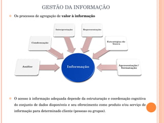 GESTÃO DA INFORMAÇÃO Os processos de agregação de  valor à informação O acesso à informação adequada depende da estruturação e coordenação cognitiva do conjunto de dados disponíveis e seu oferecimento como produto e/ou serviço de informação para determinado cliente (pessoas ou grupos). 