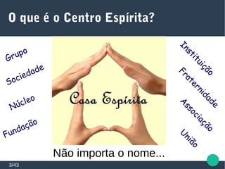 O que é o Centro Espírita?
3/43
Grupo
Sociedade
Núcleo
Instituição
Instituição
A
ssociação
Fundação
U
nião
Fraternidade
Não importa o nome...
 